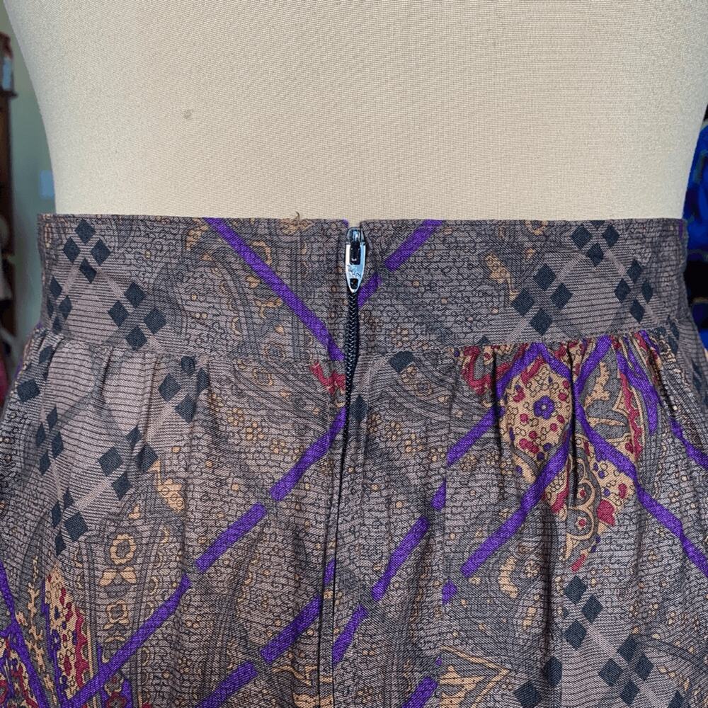 Vintage 90s Flowing Midi Skirt Taupe Purple Paisley Lattice Plaid Print Romantic - Picture 6 of 10